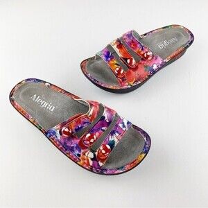 Alegria Fiona Iris Floral Leather Adjustable Straps Slip On Slide Sandals Size 8